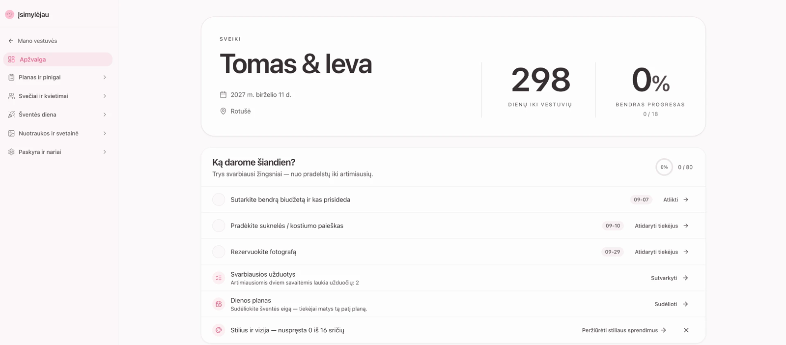 Vestuvių planavimo programa Įsimylėjau — apžvalgos skydelis su vestuvių data, dienų skaičiuokle, užduotimis, biudžetu ir svečių sąrašu